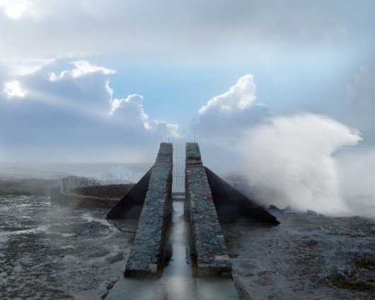 Doonamoe, County Mayo Ireland. Town of Belmullet. The Thin Places are Irish places where time past, present, and future converge. This project envelops a 100 ft deep blowhole by the Atlantic Ocean. The waves are thrusting up over a 100 ft into the air and the thin place walk is aligned to the equinox. Image