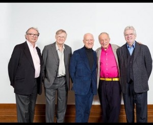 In the original version of this image, taken at the opening of the RIBA exhibition 'The Brits Who Built the Modern World,' Patty Hopkins stands between Norman Foster and Richard Rogers. In this version, used in the television series, she is conspicuously absent. Image Courtesy of Architect's Journal