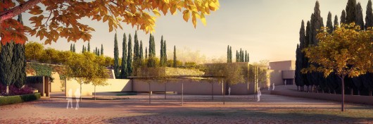 Alhambra Atrium I Entrance Square (Southwest Cypress Path). Image © Alvaro Siza Vieira + Juan Domingo Santos; Rendering by LT Studios