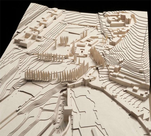 Wood model of the Alhambra territory by Álvaro Negrello, Dimension 1:500. Image © Alvaro Siza Vieira + Juan Domingo Santos; Rendering by LT Studios