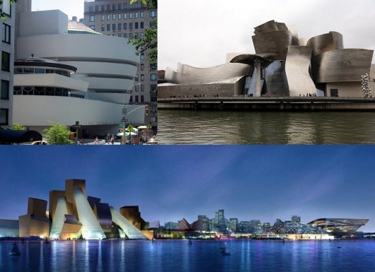 The Guggenheim New York, Bilbao and Abu Dhabi. Images (clockwise from top left) © Flickr CC User Erik Drost, © Flickr CC User RonG8888, and Courtesy of Gehry Partners. Image