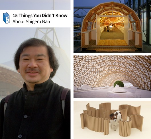 Left, Image of Shigeru Ban © Flickr User VisiOkrOniK. Right, from top to bottom, Ban's Temporary Paper Studio (© Didier Boy de la Tour), the Japan Pavilion for the Hanover Exhibition 2000 (© Hiroyuki Hirai), and his design for