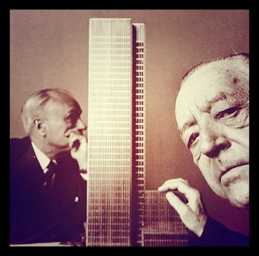 Mies van der Rohe & Philip Johnson in front of a model of the Seagram Building in 1955. Image Courtesy of Society of Architecture Photography (SAP)