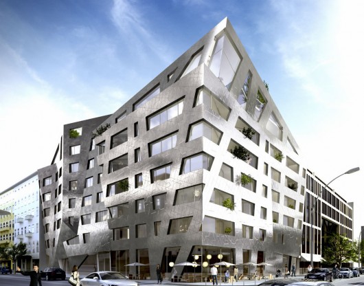 Rendering of the CHAU 43 residential project in Berlin, whose facade will be clad in Libeskind's titanium ceramic porcelain tile.. Image Courtesy of Studio Daniel Libeskind