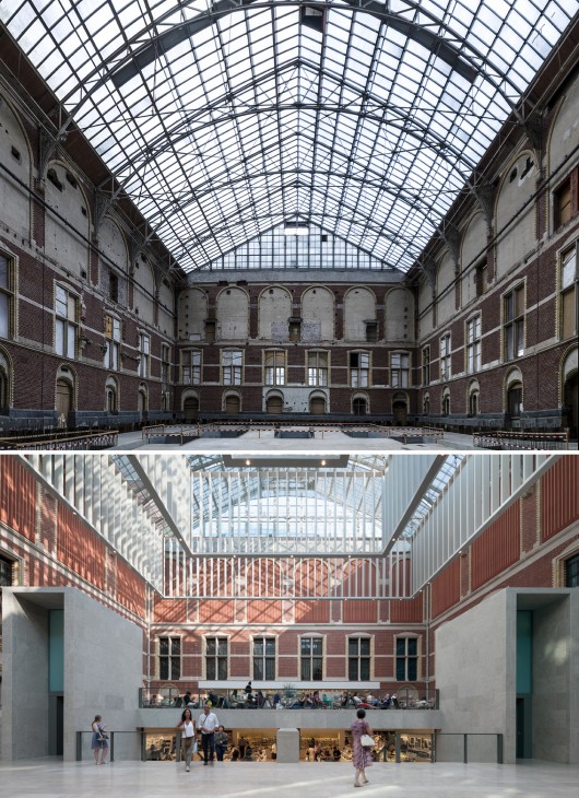 Atrium: before and after. Image Courtesy of Cruz y Ortiz Arquitectos