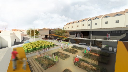 Spaces for work overlook community spaces where children can play. Image Courtesy of Mariana Morais Luiz & João Luis Abrantes Bertoli