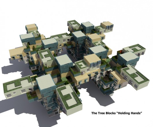 Each block of the design for Homs connects with its neighbor above the road. Image Courtesy of Render (Marwa Al-Sabouni & Khaled Komee)