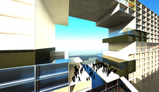 Hollowing out the center of the building creates new public space in Lyon. Image Courtesy of 3B2 (Alexandre Carpentier, Pauline Michaud & Dimtri Katsampalos)