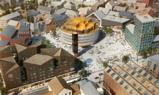 The new city center with the salvaged bell tower. Image Courtesy of White Arkitekter