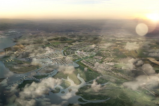 Aerial view of Shelter's Masterplan for the Hoo Valley. Image Courtesy of Wolfson Economics Prize