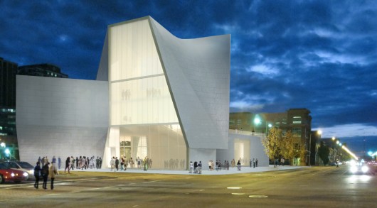 View of the ICA from the corner of Broad and Belvidere Streets. Image Courtesy of Steven Holl Architects