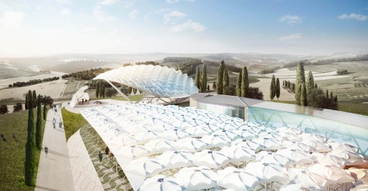 An aerial view of the park's canopies. Image Courtesy of Asymptote Architects