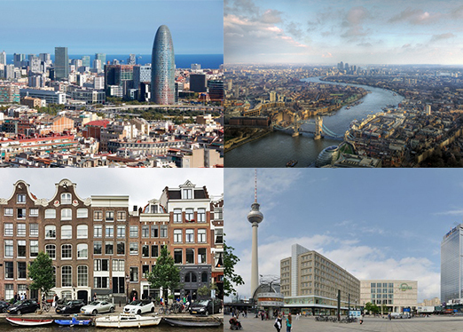 Clockwise: Barcelona (© Marcella/Flickr.com), London (© mariusz kluzniak/ Flickr.com), Amsterdam (@dbasulto / Instagram), Berlin (via strelka.com).