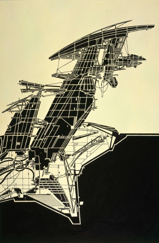 Aerial Paris. 1989. Copic Marker on tracing paper on board, 815 × 507 mm © Estate of Lebbeus Woods