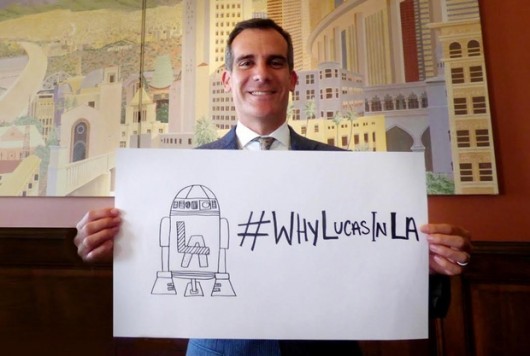 Los Angeles Mayor Eric Garcetti proudly displays his pro-Lucas Twitter hastag. Image Courtesy of City of Los Angeles