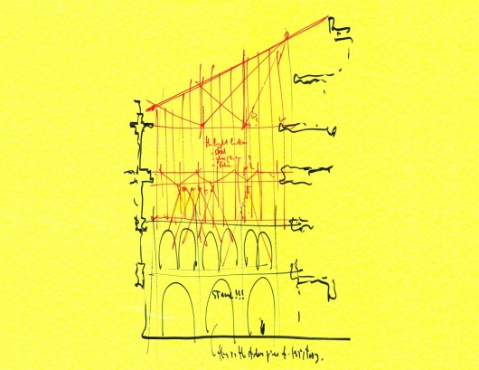 Sketch by Renzo Piano of the scheme for the Harvard Art Museums showing the glassy addition slotted in directly above the Montepulciano courtyard. Image © Paul Clemence