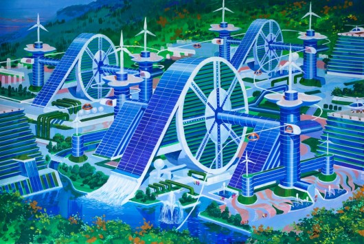 A silk co-operative clad with acres of PV solar panels, one of several illustrations exhibited at the Korean Pavilion in Venice. Image Courtesy of Koryo Tours