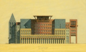Denver Library, South Elevation, 1994, pencil and colored pencil on yellow tracing paper, 14 x 26 inches. Image Courtesy of Michael Graves & Associates, photo: Ken Ek
