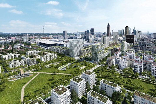 Frankfurt's proposed redeveloped downtown with Porsche Design Tower site marked. Image © Tjie Emptyform, Aurelis via Bustler