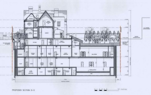 Section of a proposed basement extension in Knightsbridge, London. Image via The Daily Mail