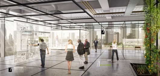 Interior showing adaptable walls and employee garden. Organic Grid + / Sean Cassidy & Joe Wilson. Image Courtesy of Metropolis Magazine