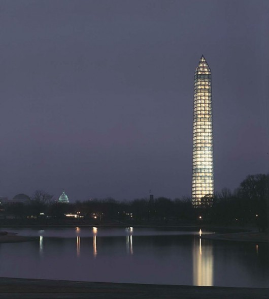 Graves designed the 500-ton scaffolding for the Washington Monument originally in the late 1990s. The system was repurposed in 2013 amid repairs to the monument's marble face. Image Courtesy of Michael Graves & Associates