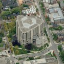 The library's triangular shape intersects violently with the rectantular street grid of the Toronto campus.. Image © Bing Maps