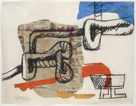 Corde et verres (rope and glasses), 16th May 1954; Newspaper collage, gouached paper and charcoal on paper (48 x 62 cm). Image © Galerie Eric Mouchet – Galerie Zlotowski