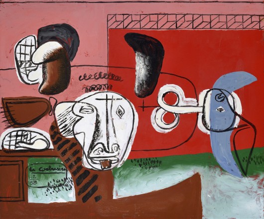 Taureau (Bull), 1956; Sheet metal plaque, enameled (Unique work, painted with enamel on sheet metal by Le Corbusier and fired in the studio of Jean Martin in Luynes) (46 x 55 cm). Image © Galerie Eric Mouchet – Galerie Zlotowski