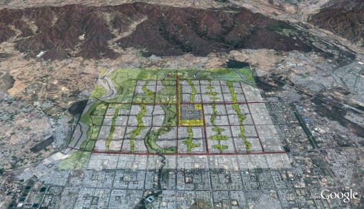 The master-plan concept overlaid over an aerial view of the city today showing the integral relationship between the ecology of the site and the city. Image Courtesy of Chandigarh Urban Lab, University of Washington on Google Earth original