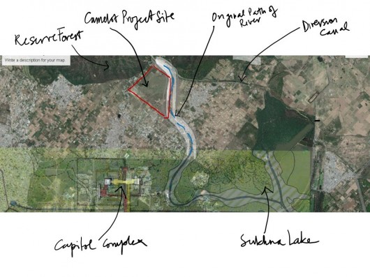 Google Earth image overlay showing location of Capitol Complex, the TATA Camelot site, the old river bed and Sukhna Lake. Image © Vikramāditya Prakāsh on Google Earth original