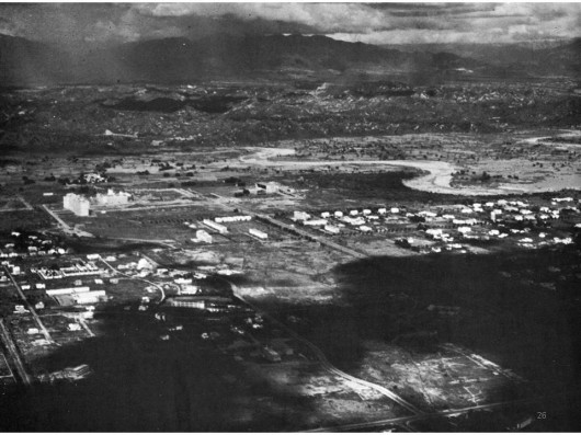 Historic image showing where the river used to flow (now the site of TATA Camelot), with the Capitol and the mountains beyond. Original photo by Richard Langendorf. Source Norma Evenson Chandigarh. Image © University of California Press, 1966