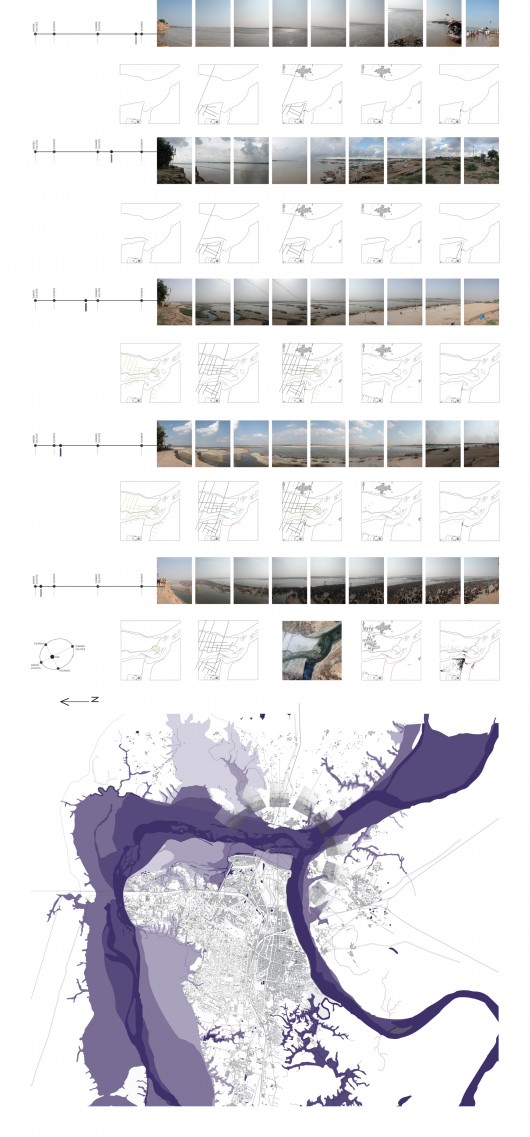 Triveni Sangam: Celestial-Terrestrial Microcosm, 2006. By measuring the ways in which both the Ganges and Jamuna rivers expand and contract over a single solar cycle, the choreography of water in relationship to the edges of Allahabad city is revealed. The bottom portion of the drawing represents these changes in plan. In the upper portion of the drawing, the photographs and diagrams document how these changes occur at the Triveni Sangam in Allahabad. The edges of Allahabad along the Ganges River are but a microcosm of the urban and agrarian dynamics throughout the river corridor. Image © Anthony Acciavatti