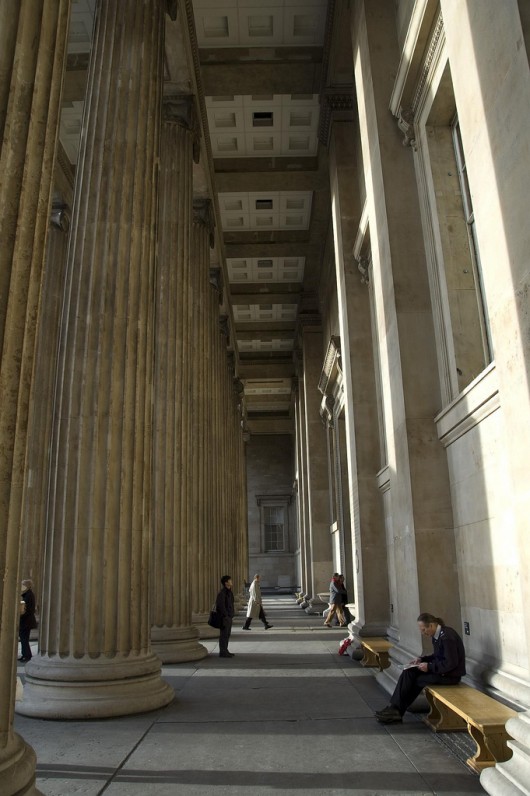 Colonnade at the entrance to the British Museum, London.