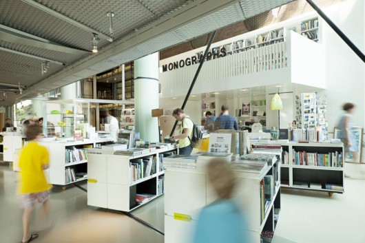 The bookshop of the Netherlands Architecture Institute, with a space dedicated to the architectural monograph. Image via Nieuwe Instituut