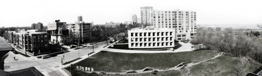 The University of Wisconsin Milwaukee's faBRICK Pavilion and its surrounding context in Milwaukee. Image Courtesy of Robert Guertin